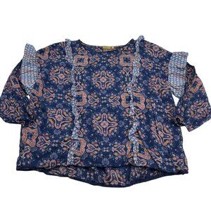 True Craft‎ Women's Boho Blouse size Medium Blue Paisley Cotton 3/4 sleeves